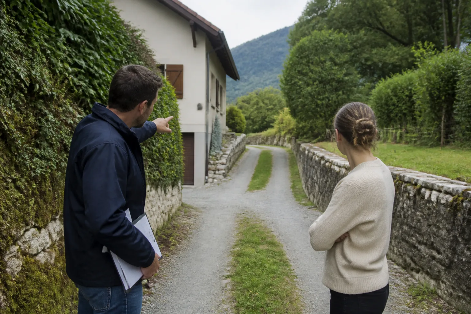 Propriétaire et terrassier observent un accès de chantier avant de planifier les travaux
