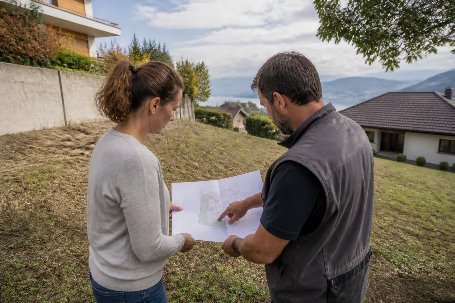 Propriétaire et professionnel lisant ensemble les particularités d’un terrain résidentiel