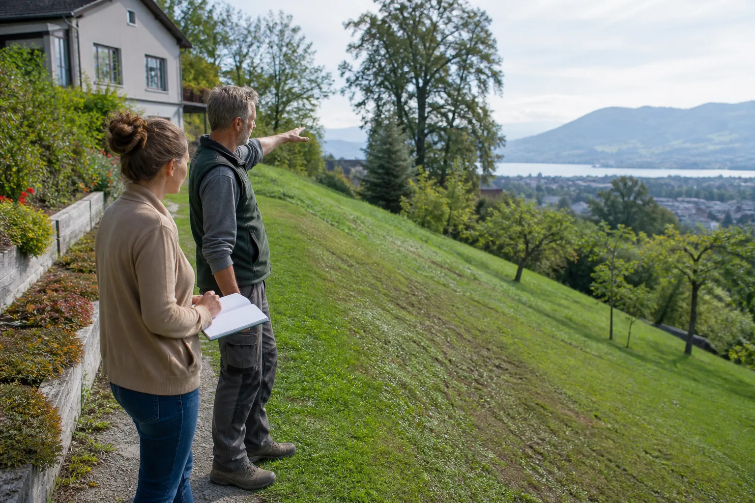 Deux personnes observent une pente résidentielle et les usages prévus avant une visite