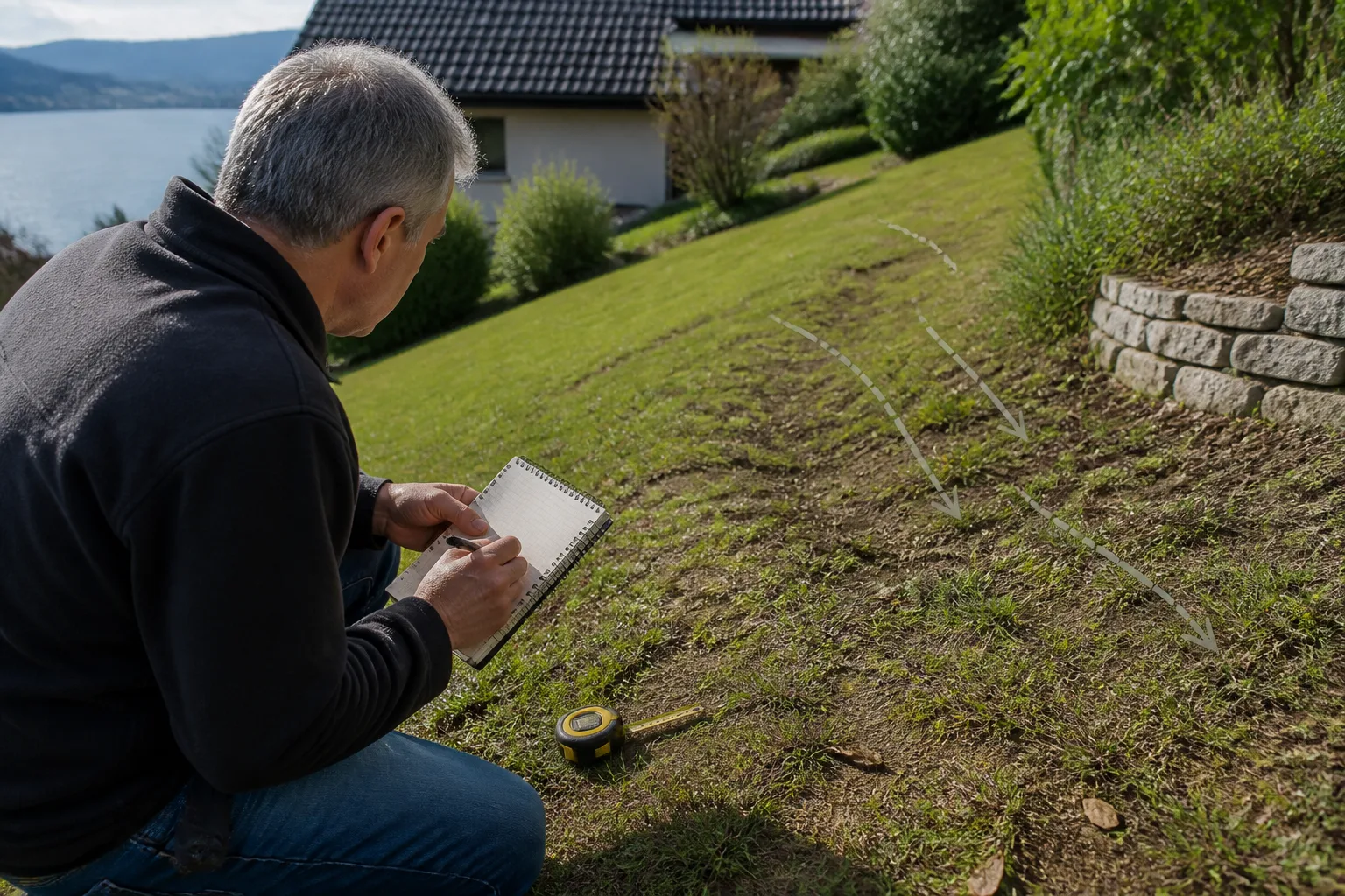 Propriétaire relevant les chemins apparents de l’eau et les changements de niveau sur une pente