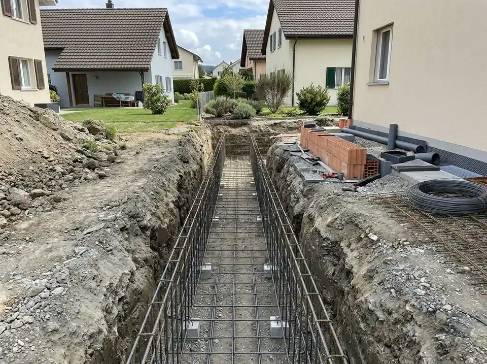 Fouille de fondation ouverte le long d'une villa en Suisse romande