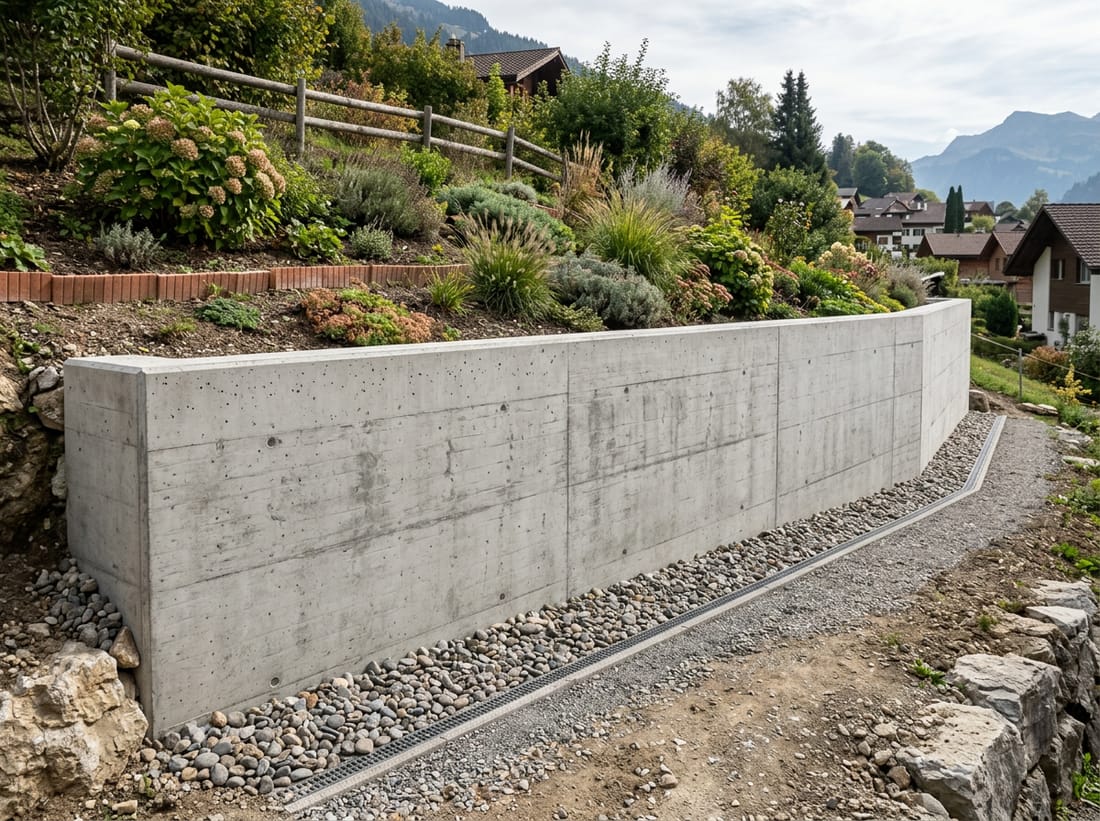 Exemple : mur de soutènement en béton avec drainage en pied d'ouvrage