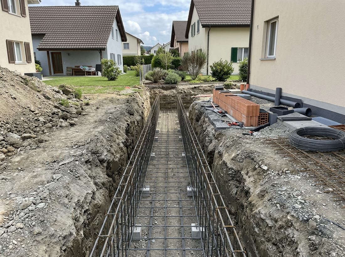 Exemple : fouille en rigole ferraillée ouverte le long d'une villa